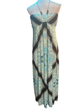 Enfocus Blue Patterned Strapless Maxi Dress with Halter Tie